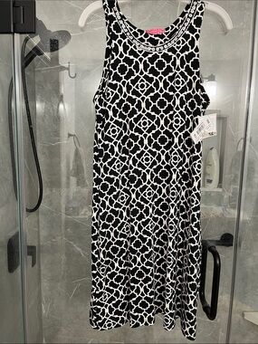 NWT Joyous & Free Black & White Geometric Tank Dress with Embellished Neckline M